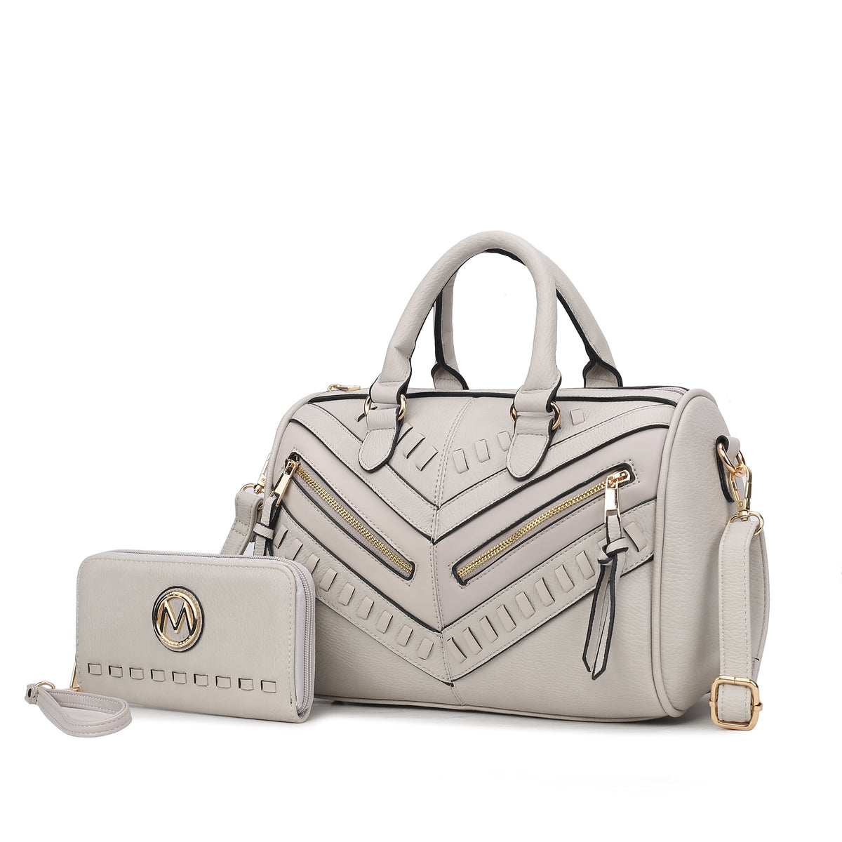 Lara Vegan Leather Women'S Satchel Bag, Elegant Designer Handbag & Wristlet Wallet 2 Pcs - Light Gray