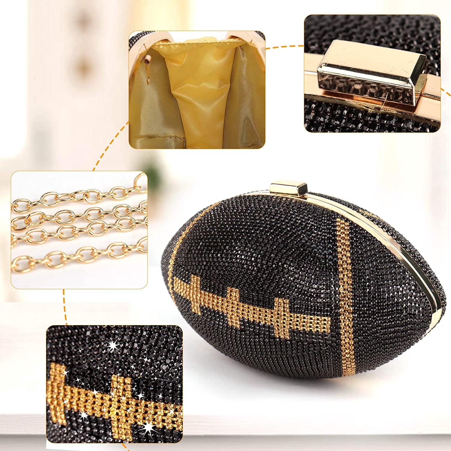 Football Bling Purse Rhinestone Clutch Purses for Women Crystal Ball Purse Rugby Ball Shaped Bag with Shoulder Chain