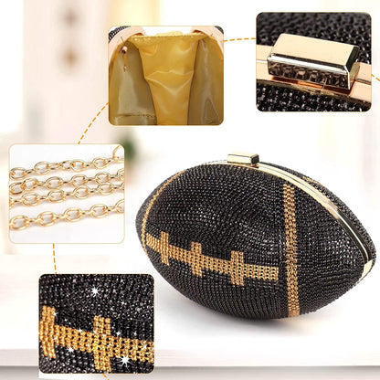 Football Bling Purse Rhinestone Clutch Purses for Women Crystal Ball Purse Rugby Ball Shaped Bag with Shoulder Chain