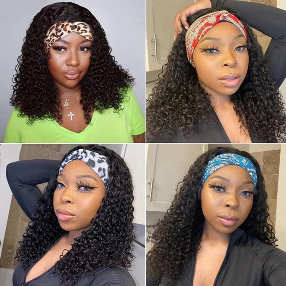 Kinky Curly Headband Wigs Brazilian Remy Human Hair 180% Density 20 Inch Wear to Go Glueless Water Wave Headband Wig for Women