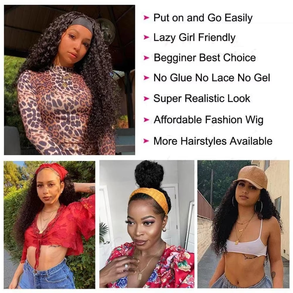 Kinky Curly Headband Wigs Brazilian Remy Human Hair 180% Density 20 Inch Wear to Go Glueless Water Wave Headband Wig for Women