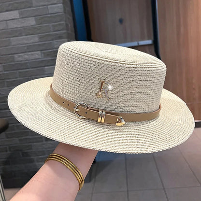 Summer Straw Hat for Women Flat Top Beach Boater Hat Beige