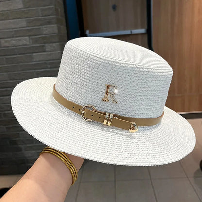 Summer Straw Hat for Women Flat Top Beach Boater Hat Beige