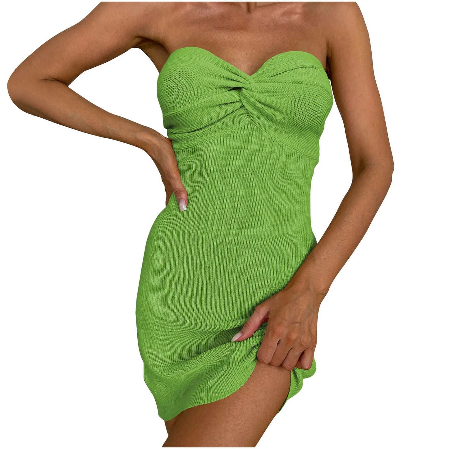 Sleeveless summer mini dress in vibrant green, featuring a trendy off-shoulder tube top design and flattering bodycon fit.