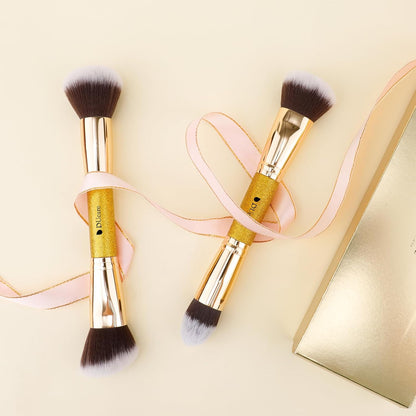 2Pcs Duo End Makeup Brushes, Synthetic Bristle Foundation Powder Buffer & Contour Brush Set, Dual Sided Face Brushes for Blending Concealer Bronzer Highlighter