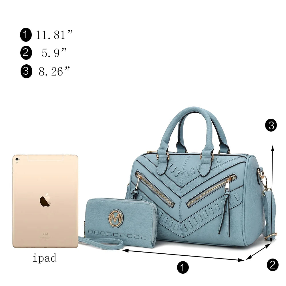 Lara Vegan Leather Women'S Satchel Bag, Elegant Designer Handbag & Wristlet Wallet 2 Pcs - Light Gray