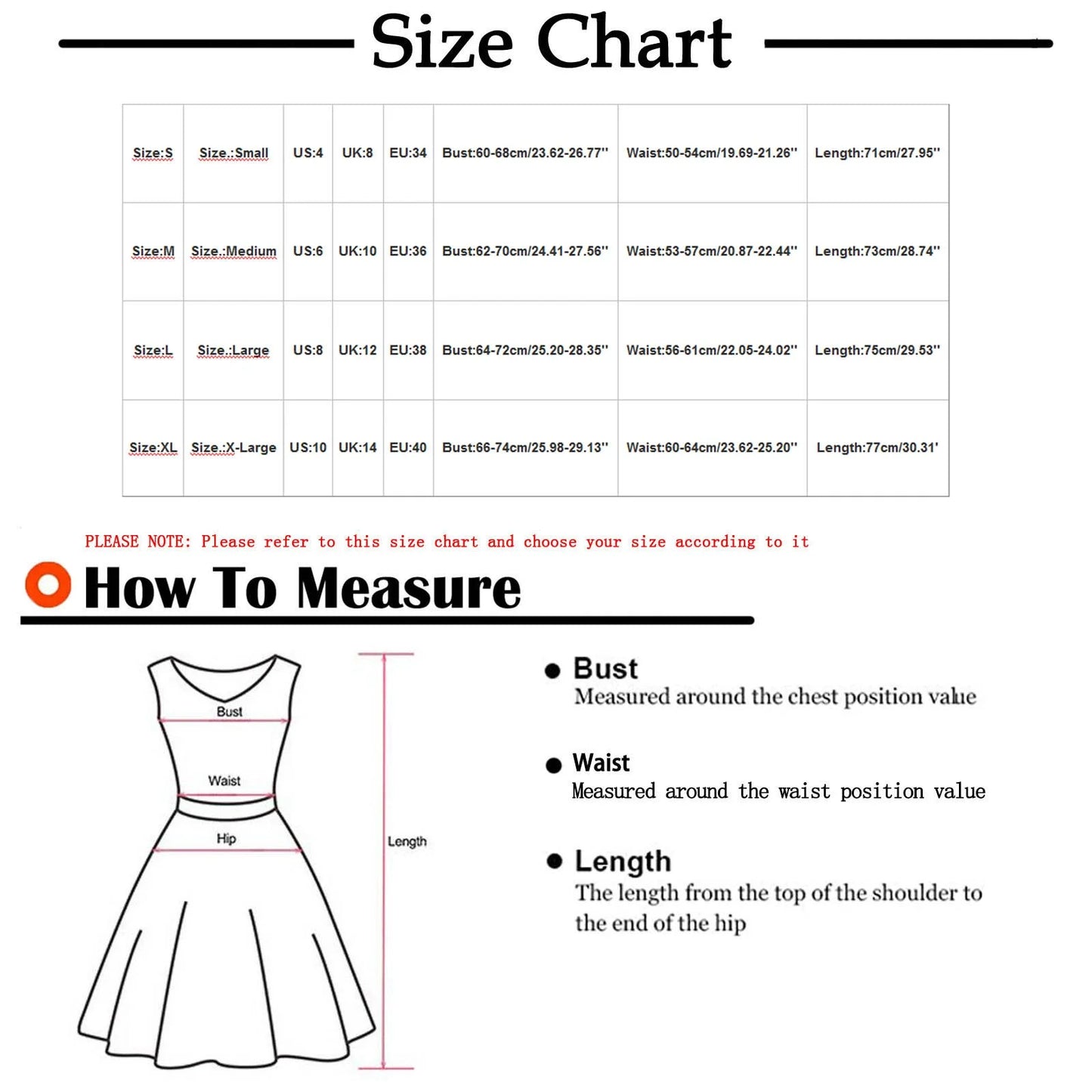 Size chart for sleeveless summer mini dress with measurement guide for bust, waist, and length.