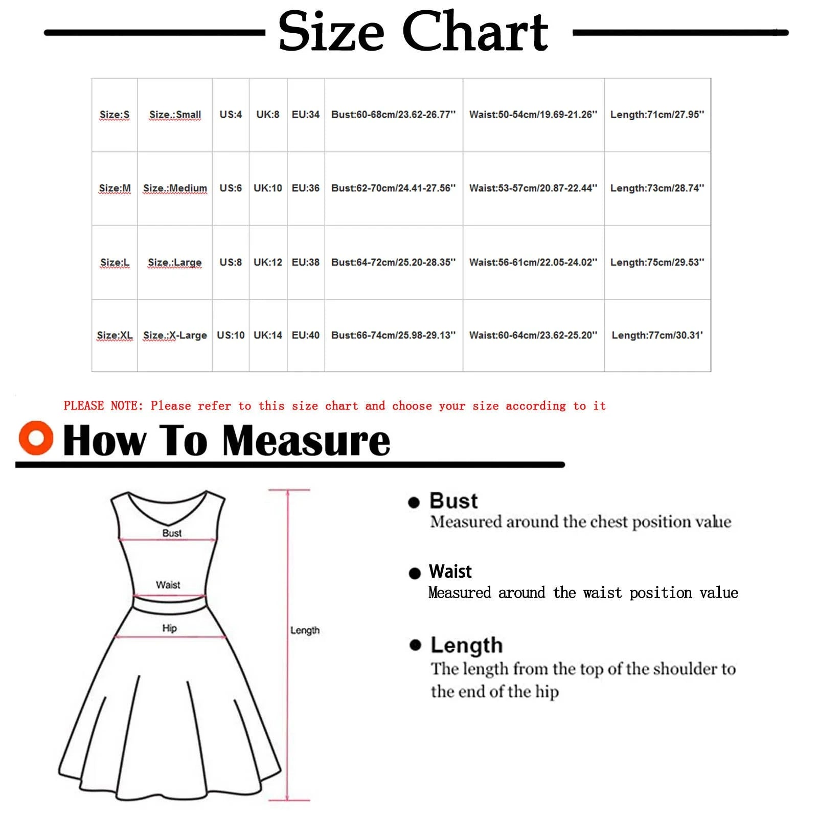 Size chart for sleeveless summer mini dress with measurement guide for bust, waist, and length.