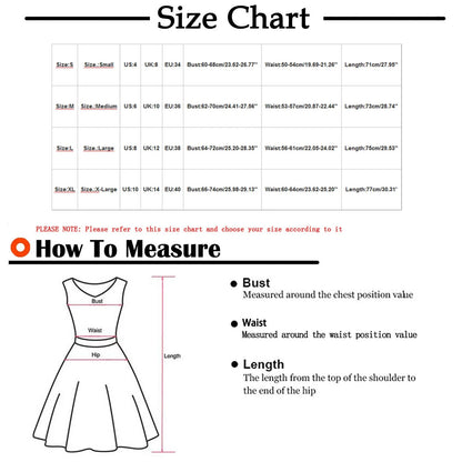 Size chart for sleeveless summer mini dress with measurement guide for bust, waist, and length.