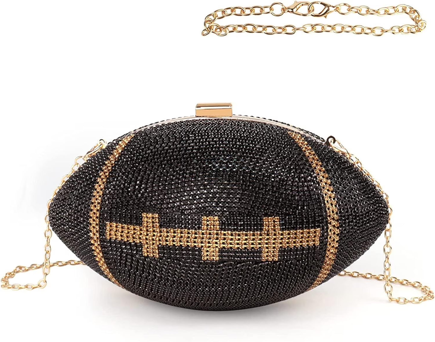 Football Bling Purse Rhinestone Clutch Purses for Women Crystal Ball Purse Rugby Ball Shaped Bag with Shoulder Chain