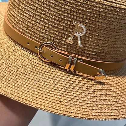 Summer Straw Hat for Women Flat Top Beach Boater Hat Beige
