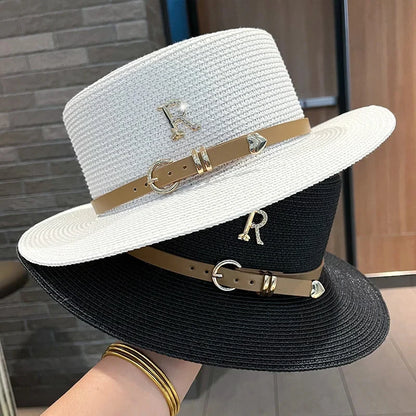 Summer Straw Hat for Women Flat Top Beach Boater Hat Beige