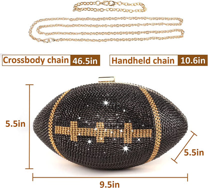 Football Bling Purse Rhinestone Clutch Purses for Women Crystal Ball Purse Rugby Ball Shaped Bag with Shoulder Chain
