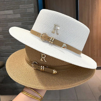 Summer Straw Hat for Women Flat Top Beach Boater Hat Beige