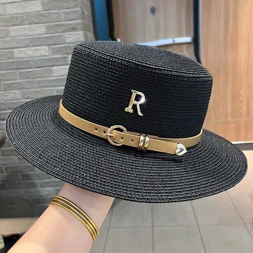 Summer Straw Hat for Women Flat Top Beach Boater Hat Beige