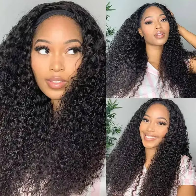 Kinky Curly Headband Wigs Brazilian Remy Human Hair 180% Density 20 Inch Wear to Go Glueless Water Wave Headband Wig for Women