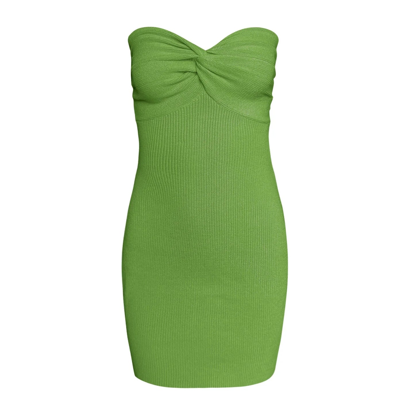 Sleeveless summer mini dress in green with off-shoulder tube top design and bodycon fit, perfect for summer outings.