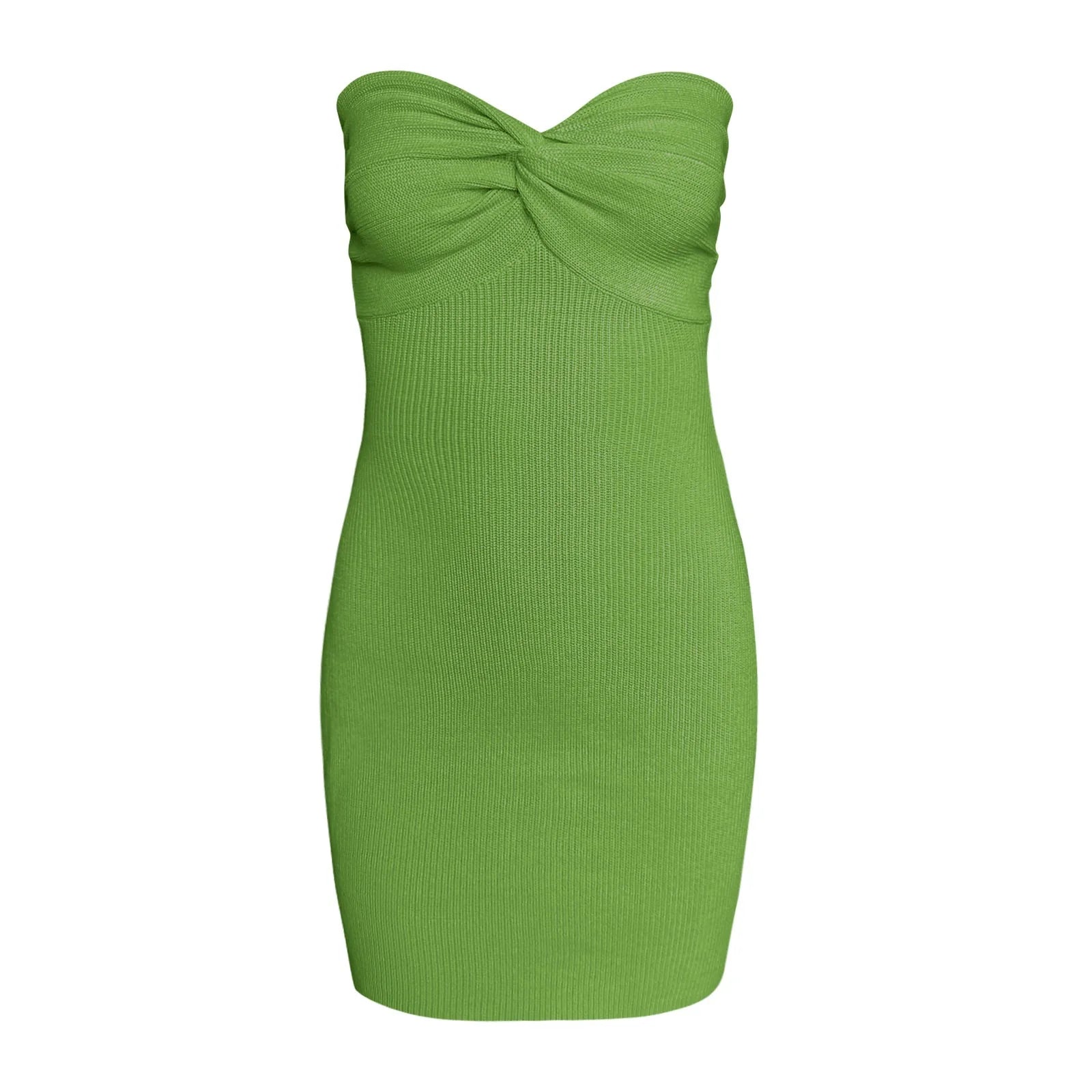 Sleeveless summer mini dress in green with off-shoulder tube top design and bodycon fit, perfect for summer outings.