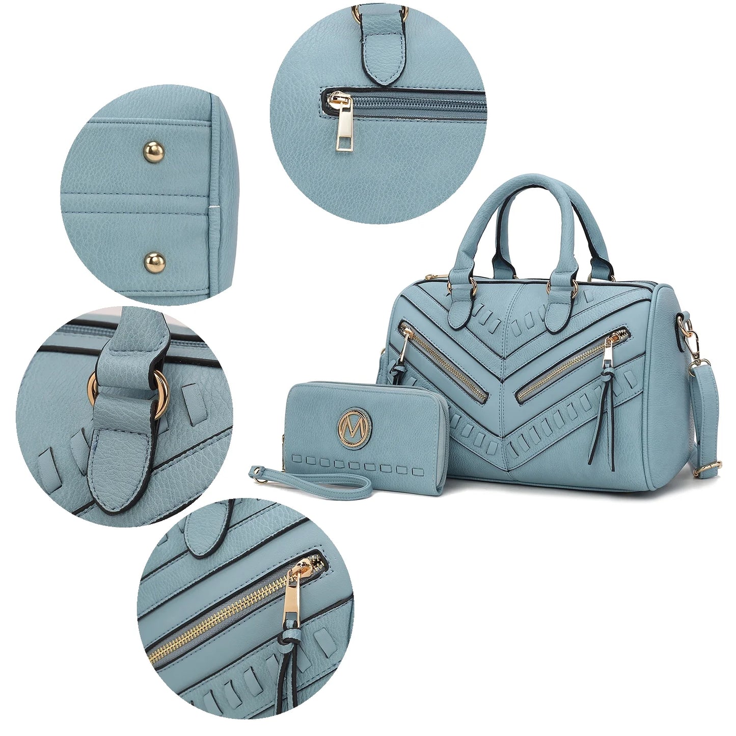 Lara Vegan Leather Women'S Satchel Bag, Elegant Designer Handbag & Wristlet Wallet 2 Pcs - Light Gray