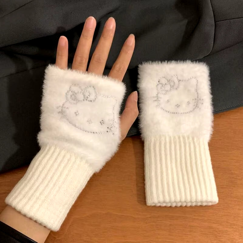 knitted gloves, winter gloves women, half finger gloves, fingerless gloves women, Hello Kitty gloves.