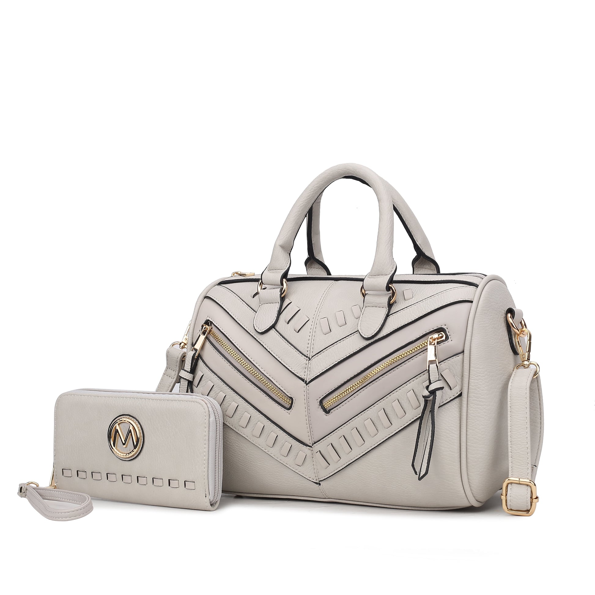 Lara Vegan Leather Women'S Satchel Bag, Elegant Designer Handbag & Wristlet Wallet 2 Pcs - Light Gray