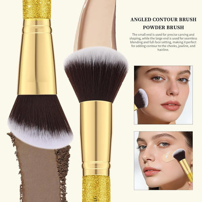 2Pcs Duo End Makeup Brushes, Synthetic Bristle Foundation Powder Buffer & Contour Brush Set, Dual Sided Face Brushes for Blending Concealer Bronzer Highlighter