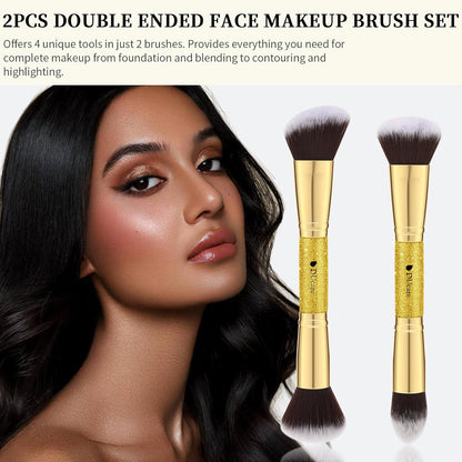 2Pcs Duo End Makeup Brushes, Synthetic Bristle Foundation Powder Buffer & Contour Brush Set, Dual Sided Face Brushes for Blending Concealer Bronzer Highlighter