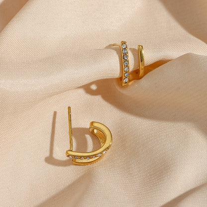 New Crystal Paved Double Layer Hollow Huggie Earrings for Ladies Small Gold Plated Stainless Steel Stud Earrings