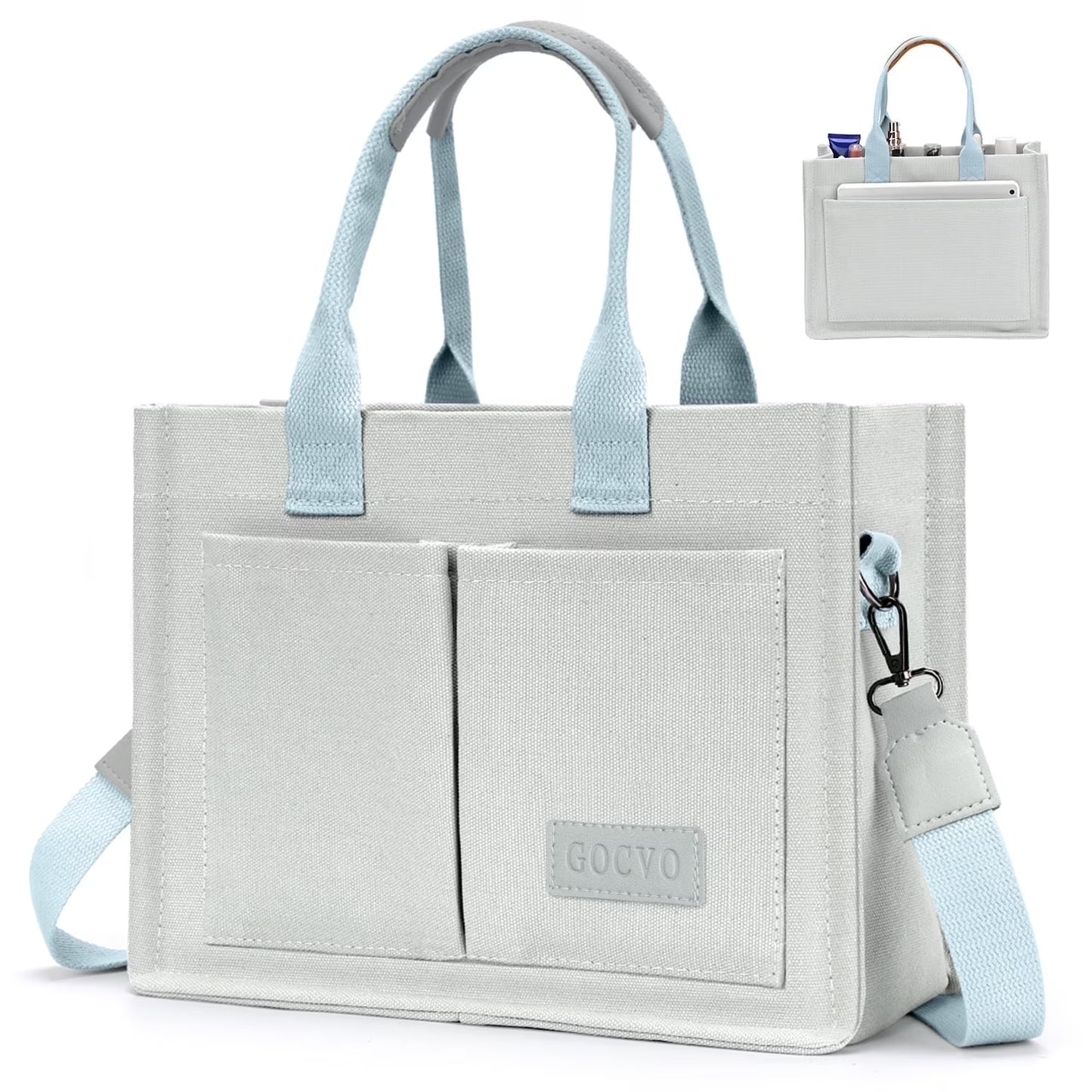 Canvas Tote Bag for Women, Large Multi-Pocket Shoulder Handbag, Crossbody Messenger Bag, Grey