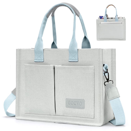 Canvas Tote Bag for Women, Large Multi-Pocket Shoulder Handbag, Crossbody Messenger Bag, Grey
