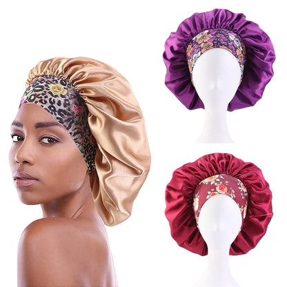 Satin Hair Bonnet 3 Pcs Elastic Wide Band Sleeping Soft Print Caps for Women Multicolor for Long Curly Natural Hair Big Capacity(Red)