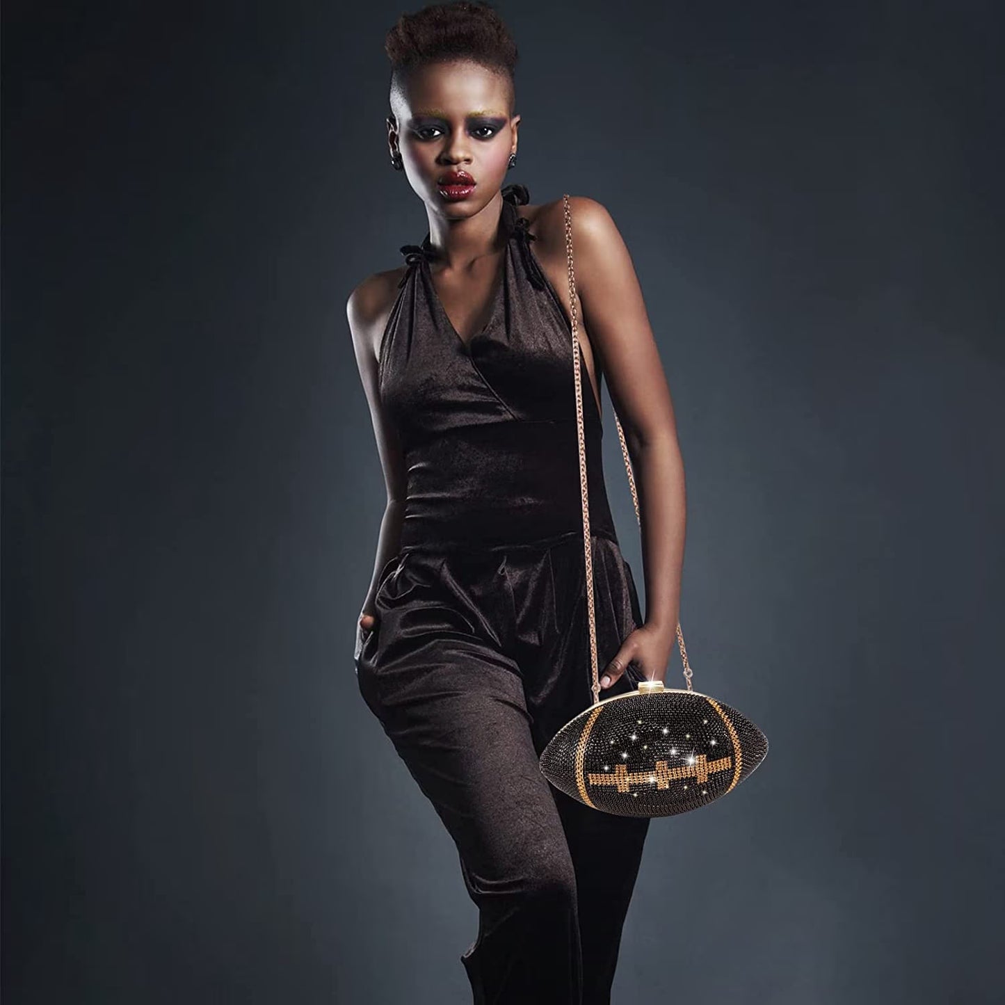 Football Bling Purse Rhinestone Clutch Purses for Women Crystal Ball Purse Rugby Ball Shaped Bag with Shoulder Chain