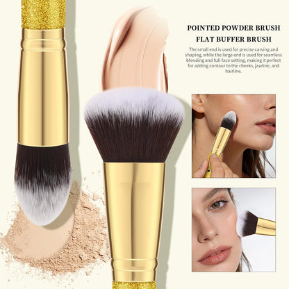 2Pcs Duo End Makeup Brushes, Synthetic Bristle Foundation Powder Buffer & Contour Brush Set, Dual Sided Face Brushes for Blending Concealer Bronzer Highlighter