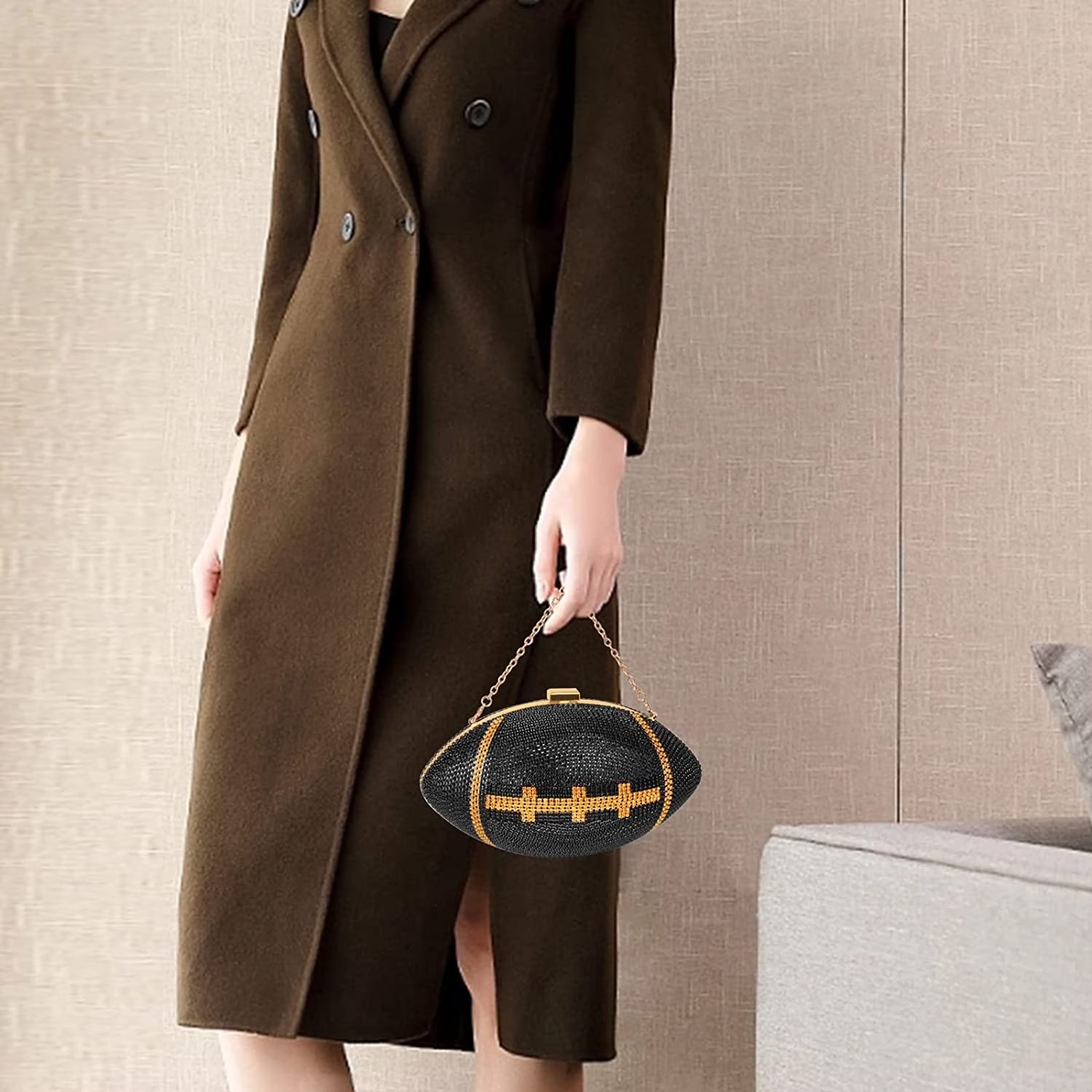 Football Bling Purse Rhinestone Clutch Purses for Women Crystal Ball Purse Rugby Ball Shaped Bag with Shoulder Chain