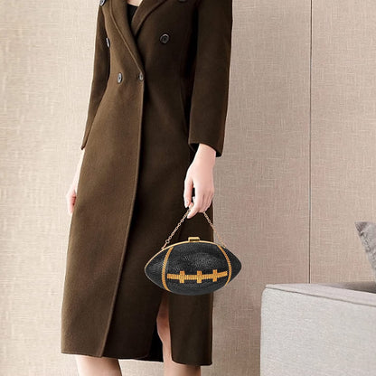 Football Bling Purse Rhinestone Clutch Purses for Women Crystal Ball Purse Rugby Ball Shaped Bag with Shoulder Chain