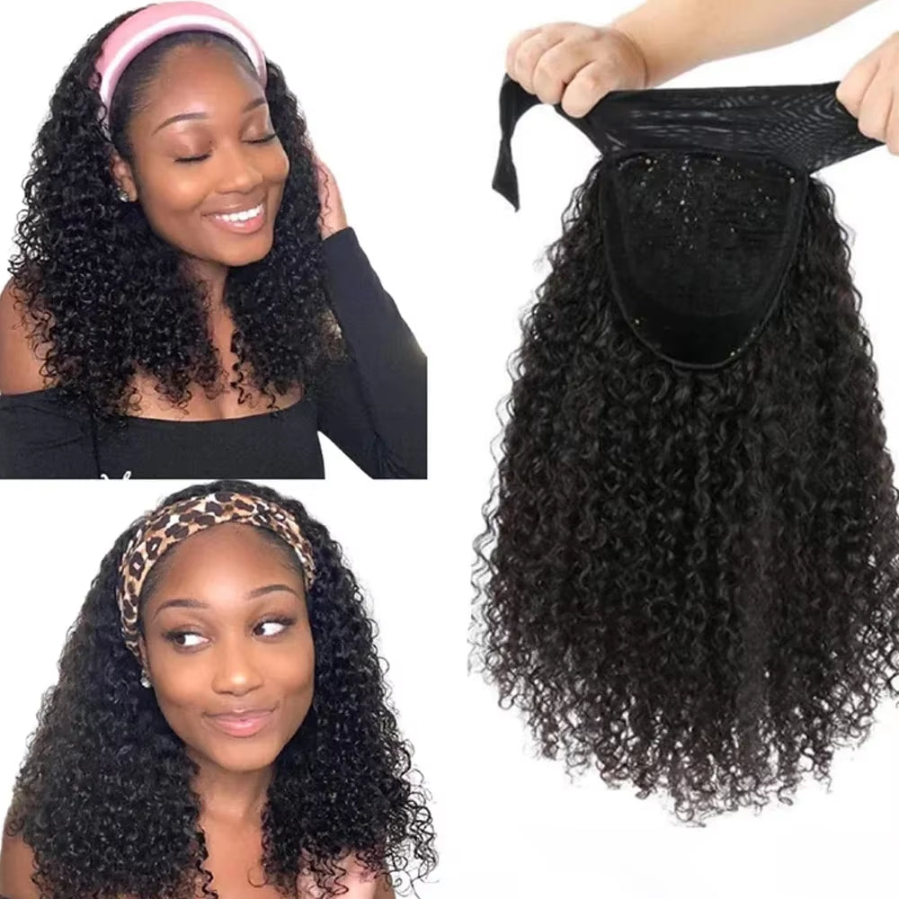 Kinky Curly Headband Wigs Brazilian Remy Human Hair 180% Density 20 Inch Wear to Go Glueless Water Wave Headband Wig for Women