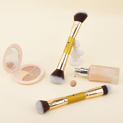 2Pcs Duo End Makeup Brushes, Synthetic Bristle Foundation Powder Buffer & Contour Brush Set, Dual Sided Face Brushes for Blending Concealer Bronzer Highlighter