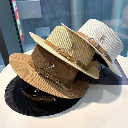 Summer Straw Hat for Women Flat Top Beach Boater Hat Beige