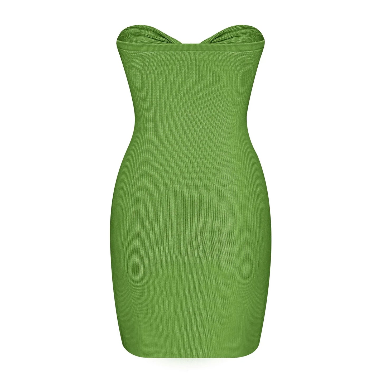 Sleeveless summer mini dress in vibrant green featuring a trendy off-shoulder tube top design and bodycon fit.