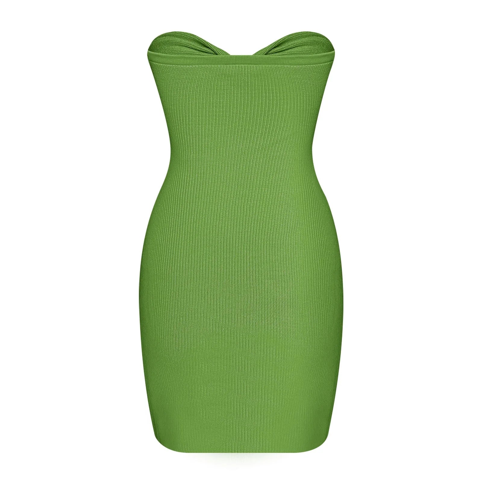 Sleeveless summer mini dress in vibrant green featuring a trendy off-shoulder tube top design and bodycon fit.