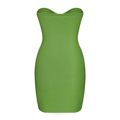 Sleeveless summer mini dress in vibrant green featuring a trendy off-shoulder tube top design and bodycon fit.