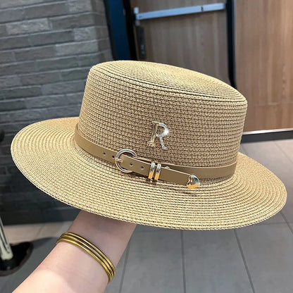 Summer Straw Hat for Women Flat Top Beach Boater Hat Beige